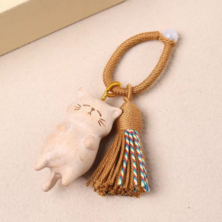 Buddha Stones Beech Wood Cat Peace Tassel Bag Charm Keychains - image 2