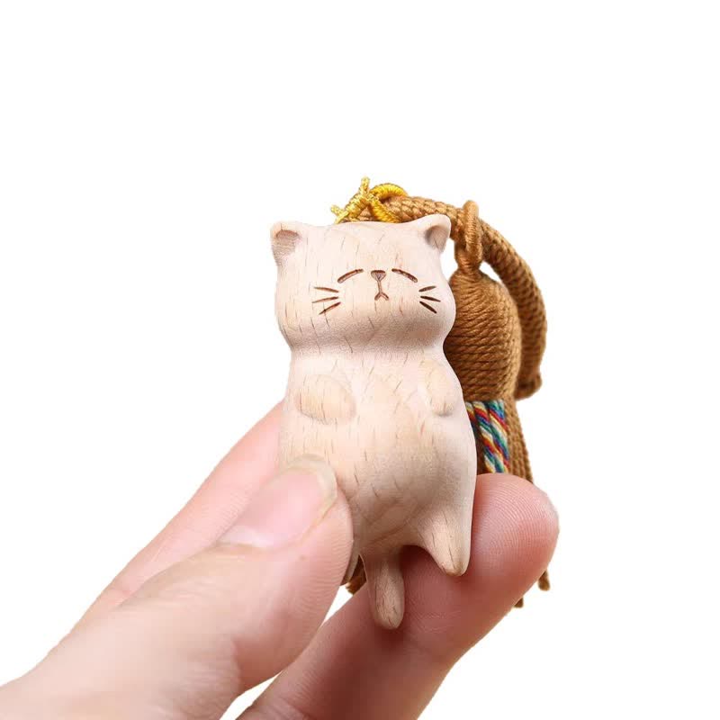 Buddha Stones Beech Wood Cat Peace Tassel Bag Charm Keychains - image 4