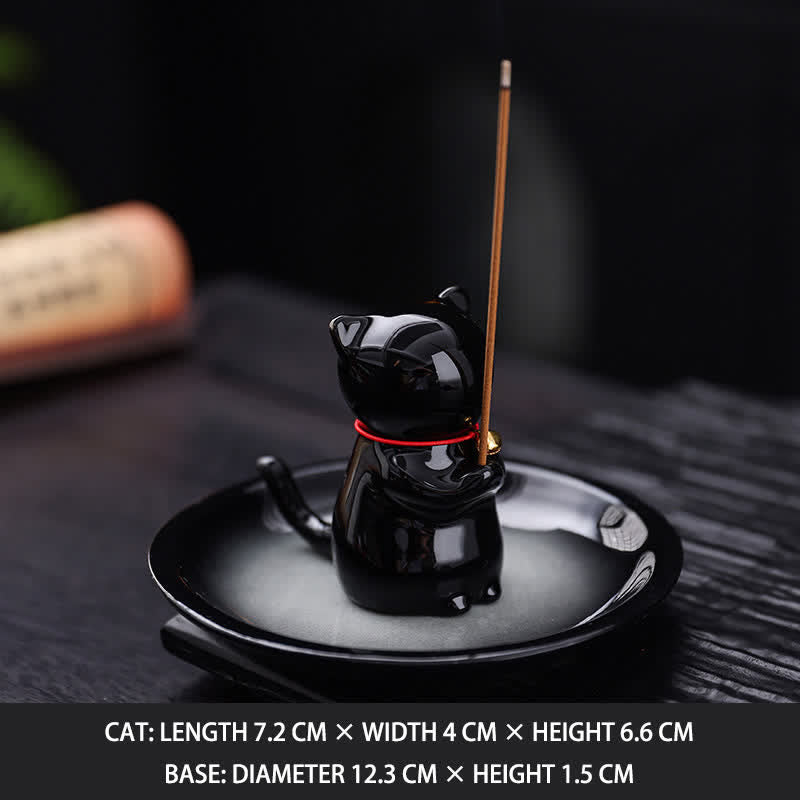 Buddha Stones Ceramic Kawaii Cat Incense Burner with Ash Catching Tray Without Incense - Black - Without Incense - image 16