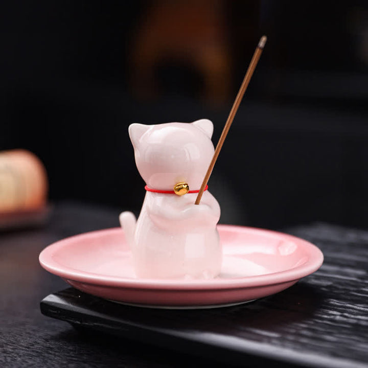 Buddha Stones Ceramic Kawaii Cat Incense Burner with Ash Catching Tray Without Incense - Pink - Without Incense - image 0