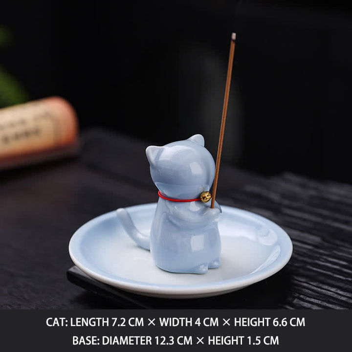 Buddha Stones Ceramic Kawaii Cat Incense Burner with Ash Catching Tray Without Incense - Blue - Without Incense - image 15