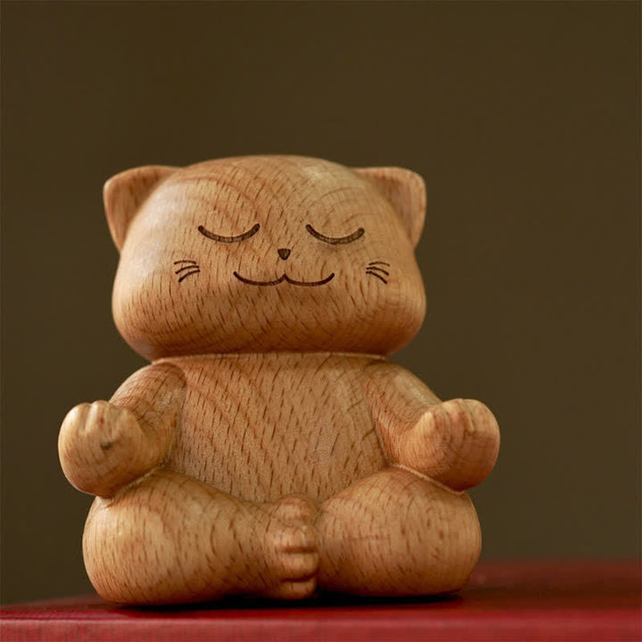 Buddha Stones Wood Meditating Cat Enlightenment Hand Carved Cute Animal Decor - image 4