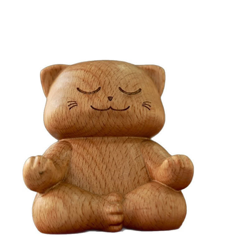Buddha Stones Wood Meditating Cat Enlightenment Hand Carved Cute Animal Decor - image 7