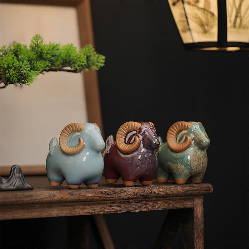 Buddha Stones Kiln-Change Glaze Ceramic Chinese Zodiac Ram Prosperity Cute Animal Decor - image 2