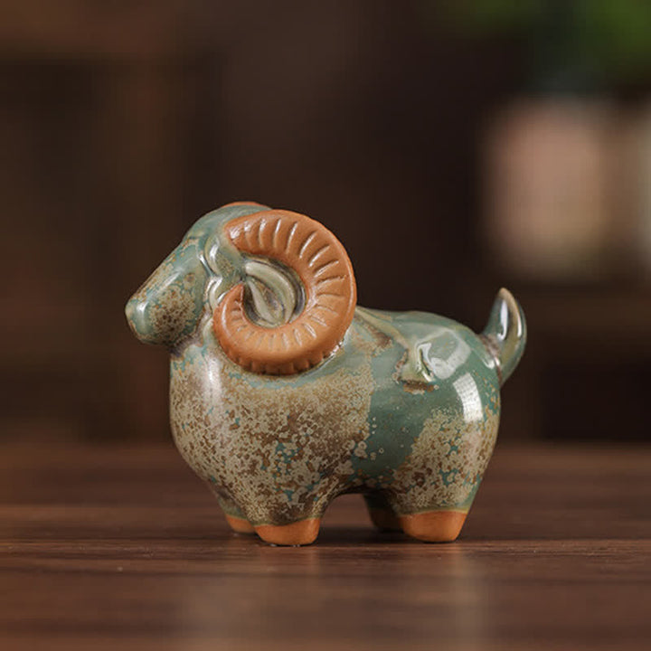 Buddha Stones Kiln-Change Glaze Ceramic Chinese Zodiac Ram Prosperity Cute Animal Decor - Speckled Green Ram Figurine - image 3