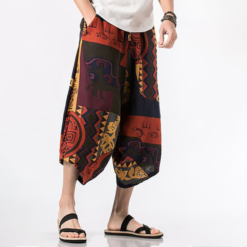 Buddha Stones Summer Boho Casual Drawstring Floral Cotton Linen Capri Pants Men's Harem Pants With Pocket - image 13