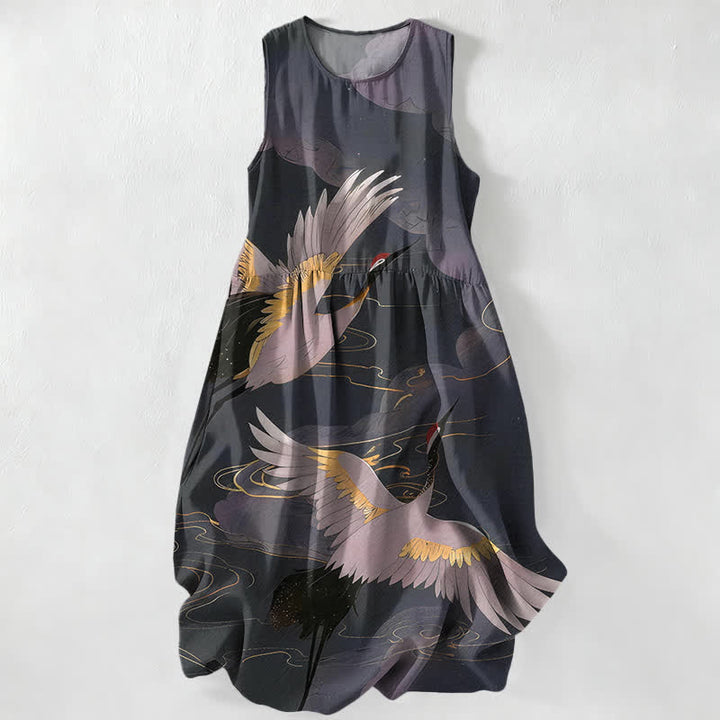 Buddha Stones Summer Casual Flying Crane Wave Pattern Women's Summer Sleeveless Midi Dress With Pockets - Black - US16，UK/AU20，EU48 (3XL) - image 0