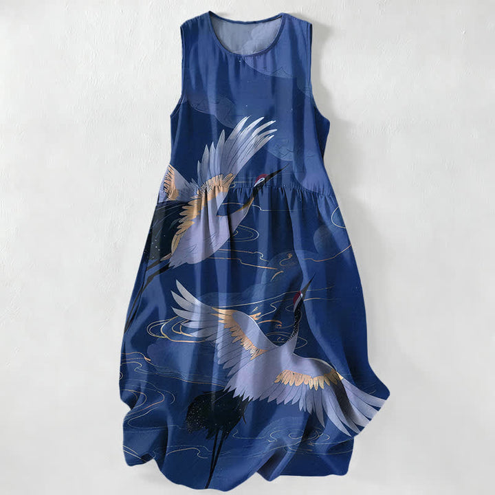 Buddha Stones Summer Casual Flying Crane Wave Pattern Women's Summer Sleeveless Midi Dress With Pockets - Navy - US16，UK/AU20，EU48 (3XL) - image 4