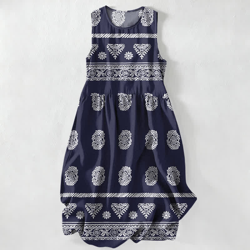 Buddha Stones Summer Casual Geometric Medallion Stripe Pattern Women's Summer Sleeveless Midi Dress With Pockets - Navy - US16，UK/AU20，EU48 (3XL) - image 4