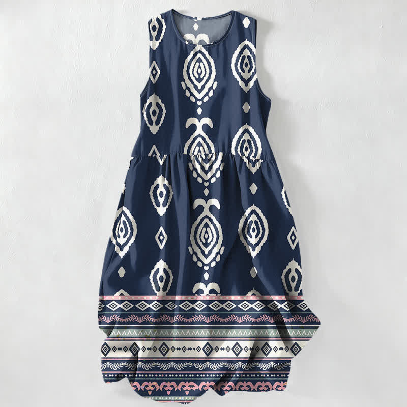 Buddha Stones Summer Casual Tribal Geometric Border Pattern Women's Summer Sleeveless Midi Dress With Pockets - Navy - US16，UK/AU20，EU48 (3XL) - image 4