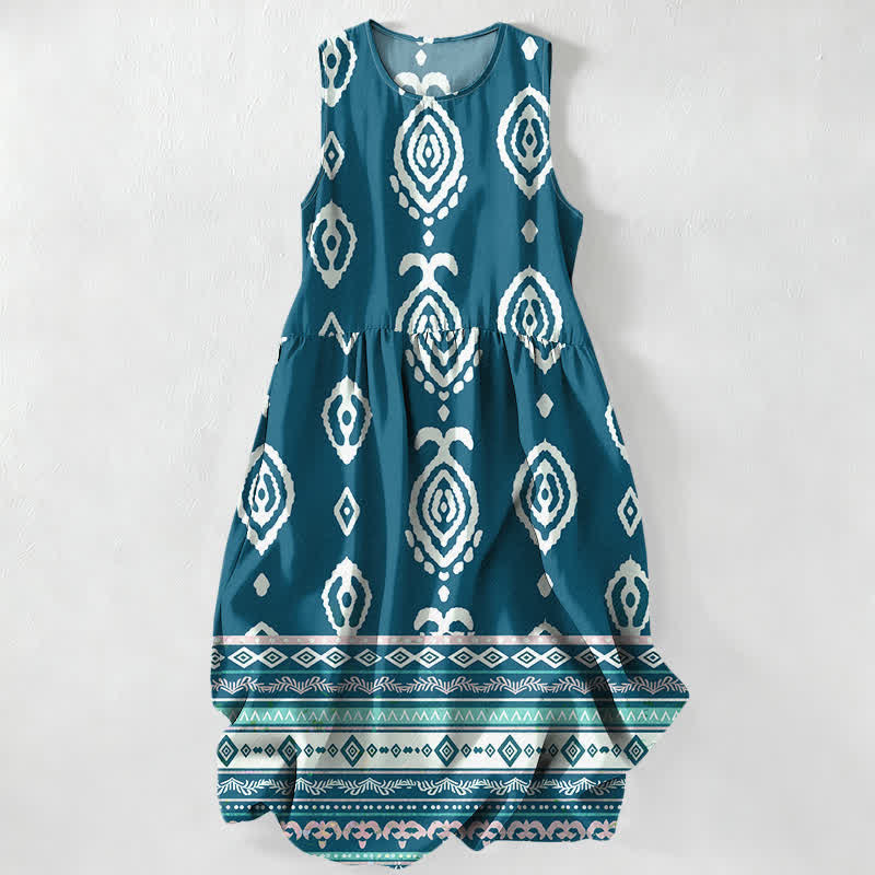 Buddha Stones Summer Casual Tribal Geometric Border Pattern Women's Summer Sleeveless Midi Dress With Pockets - Teal - US16，UK/AU20，EU48 (3XL) - image 5