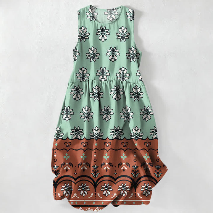 Buddha Stones Summer Casual Mint Floral Border Pattern Women's Summer Sleeveless Midi Dress With Pockets - Aquamarine - US16，UK/AU20，EU48 (3XL) - image 4