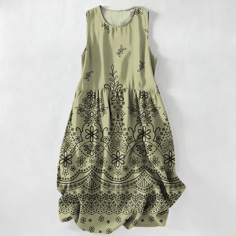 Buddha Stones Summer Casual Bohemian Floral Border Pattern Women's Summer Sleeveless Midi Dress With Pockets - Olive - US16，UK/AU20，EU48 (3XL) - image 0