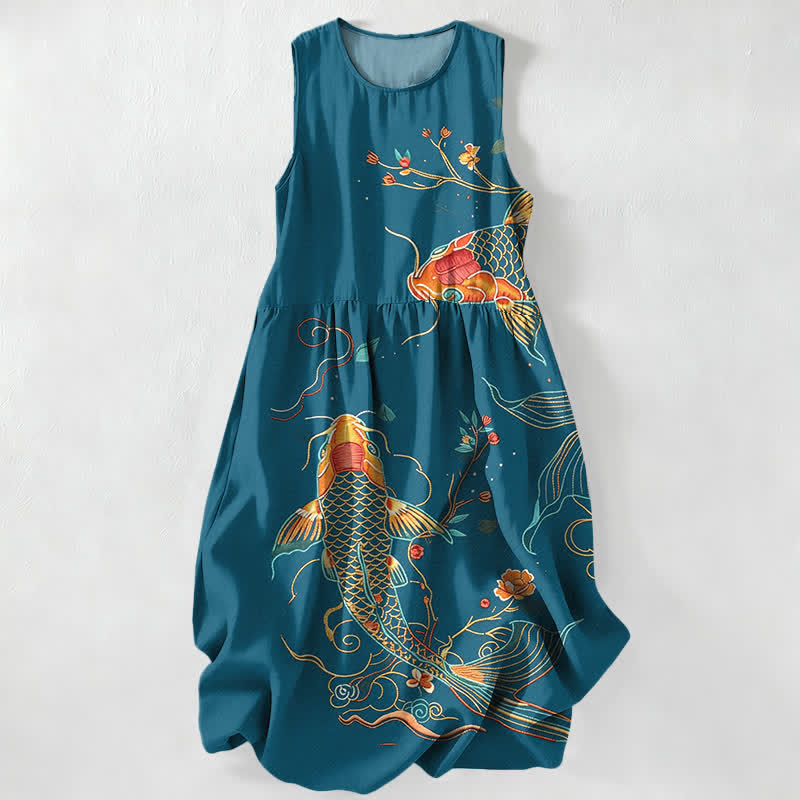 Buddha Stones Summer Casual Koi Fish Floral Wave Pattern Women's Summer Sleeveless Midi Dress With Pockets - Teal - US16，UK/AU20，EU48 (3XL) - image 4
