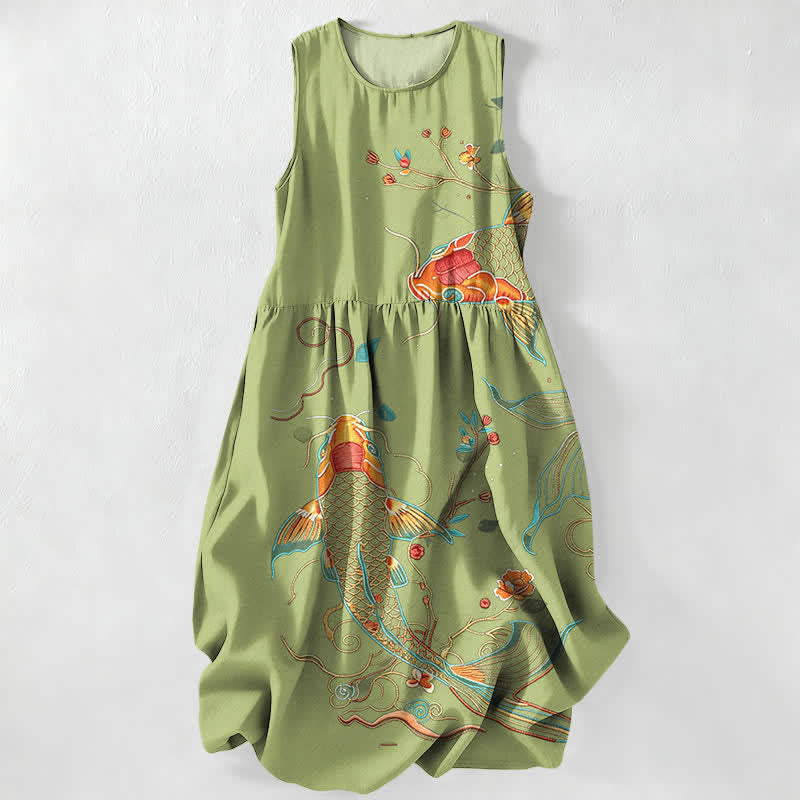 Buddha Stones Summer Casual Koi Fish Floral Wave Pattern Women's Summer Sleeveless Midi Dress With Pockets - OliveDrab - US16，UK/AU20，EU48 (3XL) - image 5