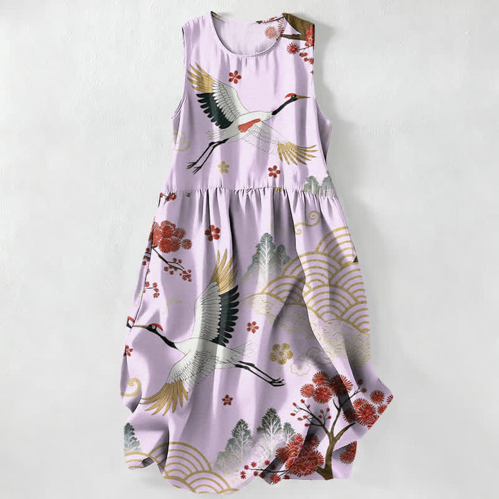Buddha Stones Summer Casual Crane Plum Blossom Pattern Women's Summer Sleeveless Midi Dress With Pockets - Lavender - US16，UK/AU20，EU48 (3XL) - image 4