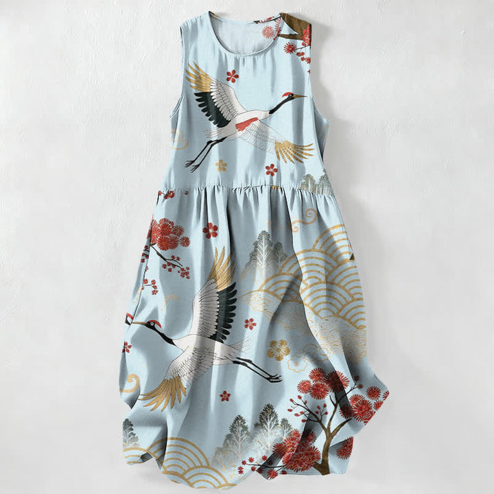 Buddha Stones Summer Casual Crane Plum Blossom Pattern Women's Summer Sleeveless Midi Dress With Pockets - PowderBlue - US16，UK/AU20，EU48 (3XL) - image 5