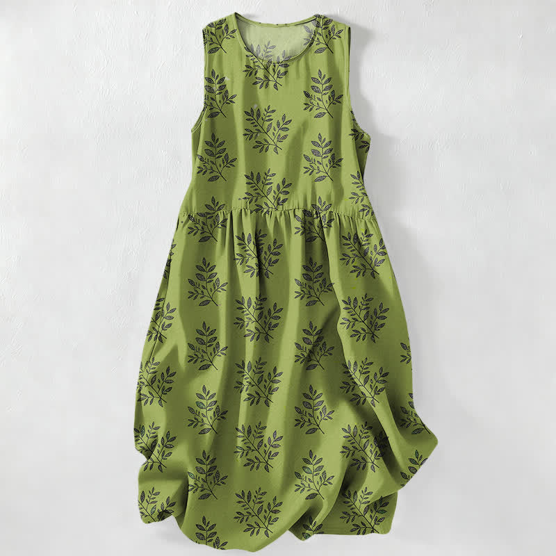 Buddha Stones Summer Casual Botanical Leaves Pattern Women's Summer Sleeveless Midi Dress With Pockets - OliveDrab - US16，UK/AU20，EU48 (3XL) - image 0
