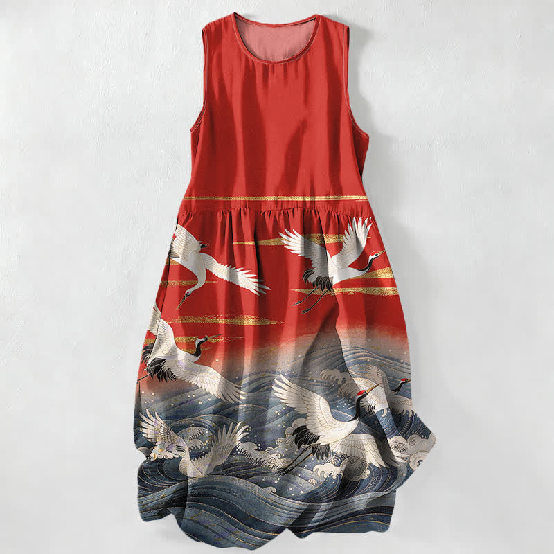 Buddha Stones Summer Casual Crane Waves Pattern Women's Summer Sleeveless Midi Dress With Pockets - Red - US16，UK/AU20，EU48 (3XL) - image 0
