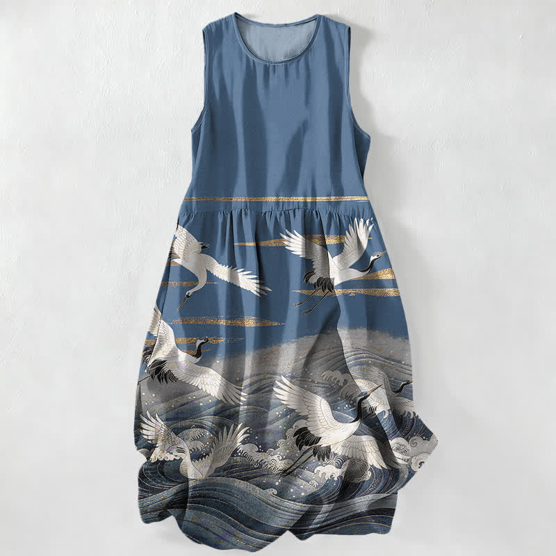 Buddha Stones Summer Casual Crane Waves Pattern Women's Summer Sleeveless Midi Dress With Pockets - SteelBlue - US16，UK/AU20，EU48 (3XL) - image 4