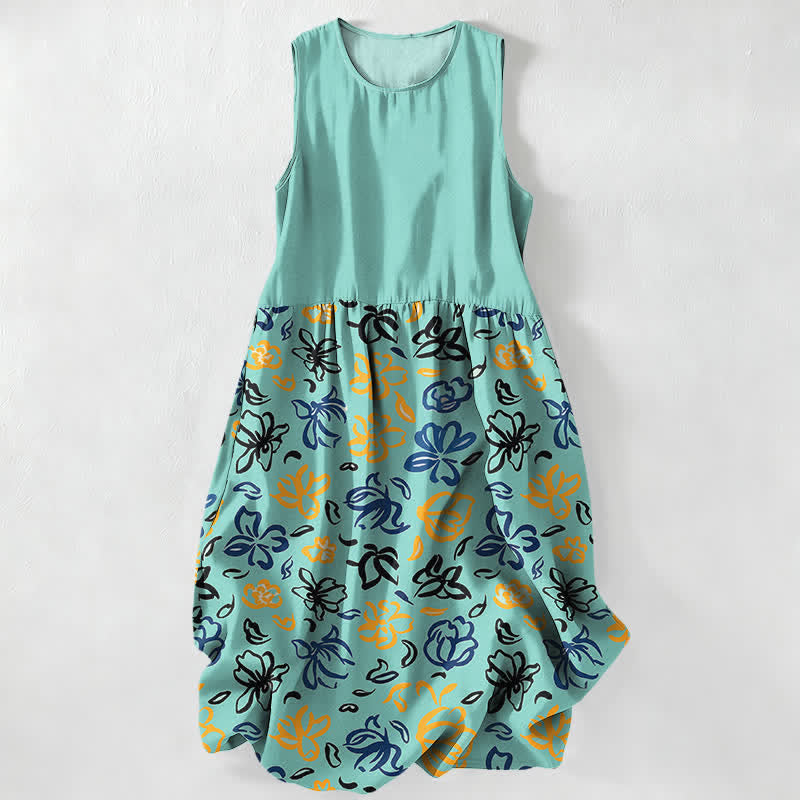 Buddha Stones Summer Casual Abstract Floral Pattern Women's Summer Sleeveless Midi Dress With Pockets - Turquoise - US16，UK/AU20，EU48 (3XL) - image 5