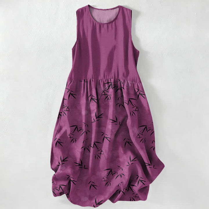 Buddha Stones Summer Casual Bamboo Leaves Pattern Women's Summer Sleeveless Midi Dress With Pockets - MediumVioletRed - US16，UK/AU20，EU48 (3XL) - image 0