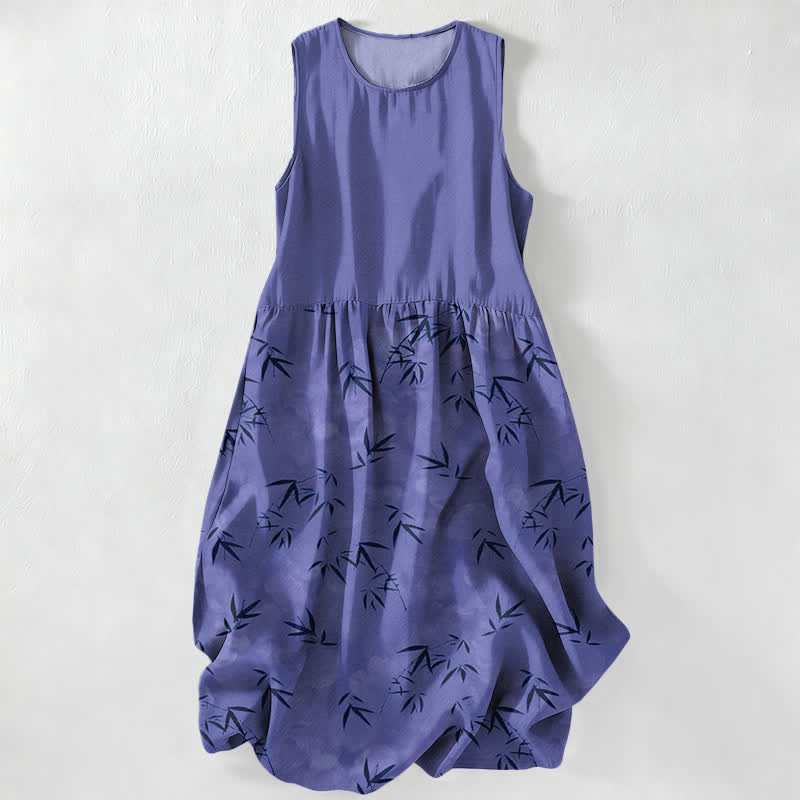 Buddha Stones Summer Casual Bamboo Leaves Pattern Women's Summer Sleeveless Midi Dress With Pockets - SlateBlue - US16，UK/AU20，EU48 (3XL) - image 4