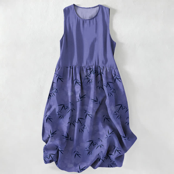 Buddha Stones Summer Casual Bamboo Leaves Pattern Women's Summer Sleeveless Midi Dress With Pockets - SlateBlue - US16，UK/AU20，EU48 (3XL) - image 4