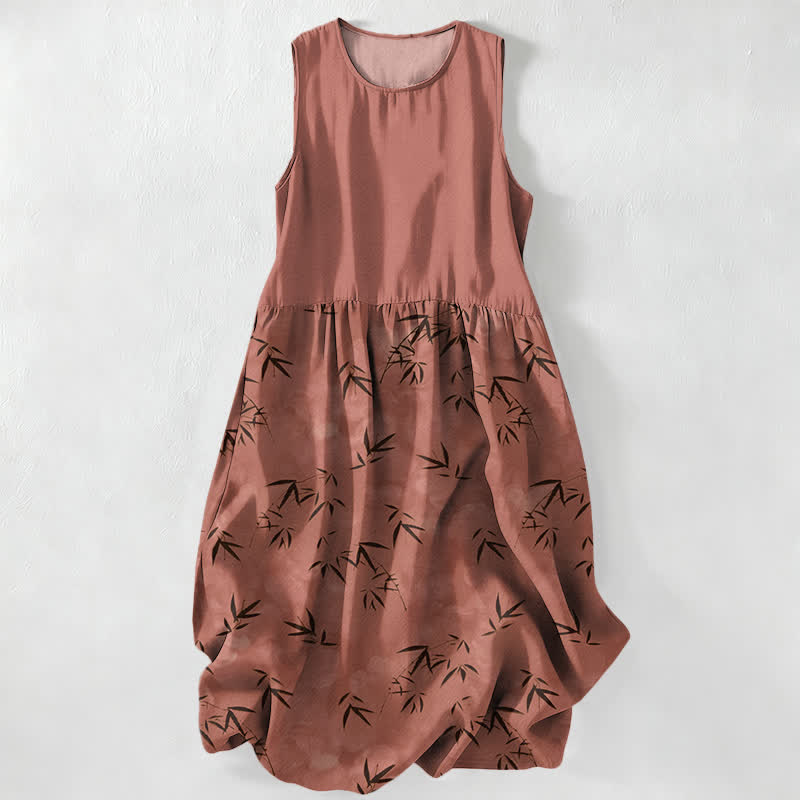 Buddha Stones Summer Casual Bamboo Leaves Pattern Women's Summer Sleeveless Midi Dress With Pockets - Chocolate - US16，UK/AU20，EU48 (3XL) - image 5