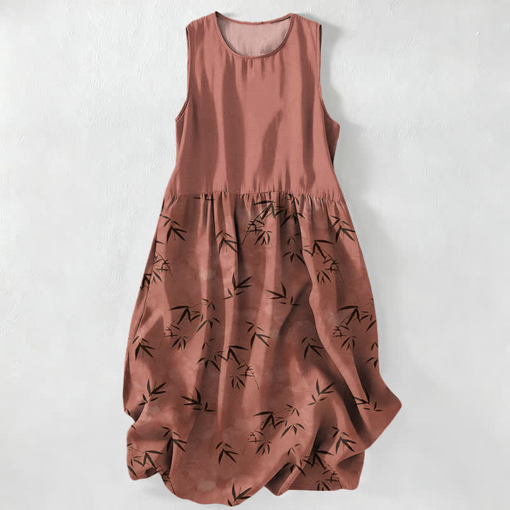 Buddha Stones Summer Casual Bamboo Leaves Pattern Women's Summer Sleeveless Midi Dress With Pockets - Chocolate - US16，UK/AU20，EU48 (3XL) - image 5