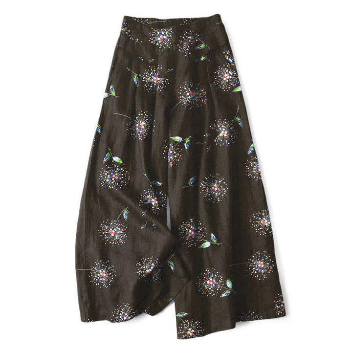 Buddha Stones Cotton Linen Colorful Dandelion Floral Pattern Women's Elastic Waist Wide Leg Pants With Pockets - Black - US16，UK/AU20，EU48 (3XL) - image 0