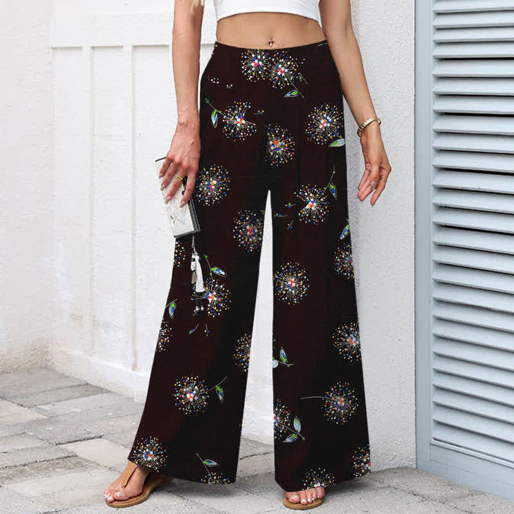 Buddha Stones Cotton Linen Colorful Dandelion Floral Pattern Women's Elastic Waist Wide Leg Pants With Pockets - image 1