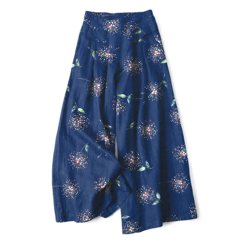 Buddha Stones Cotton Linen Colorful Dandelion Floral Pattern Women's Elastic Waist Wide Leg Pants With Pockets - Navy - US16，UK/AU20，EU48 (3XL) - image 4