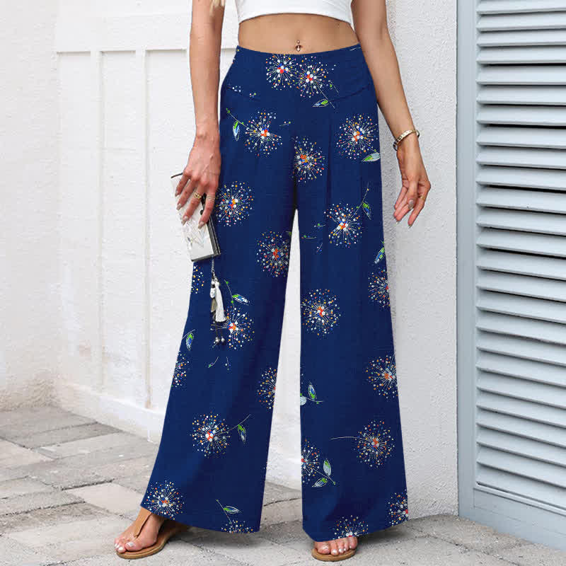 Buddha Stones Cotton Linen Colorful Dandelion Floral Pattern Women's Elastic Waist Wide Leg Pants With Pockets - image 5
