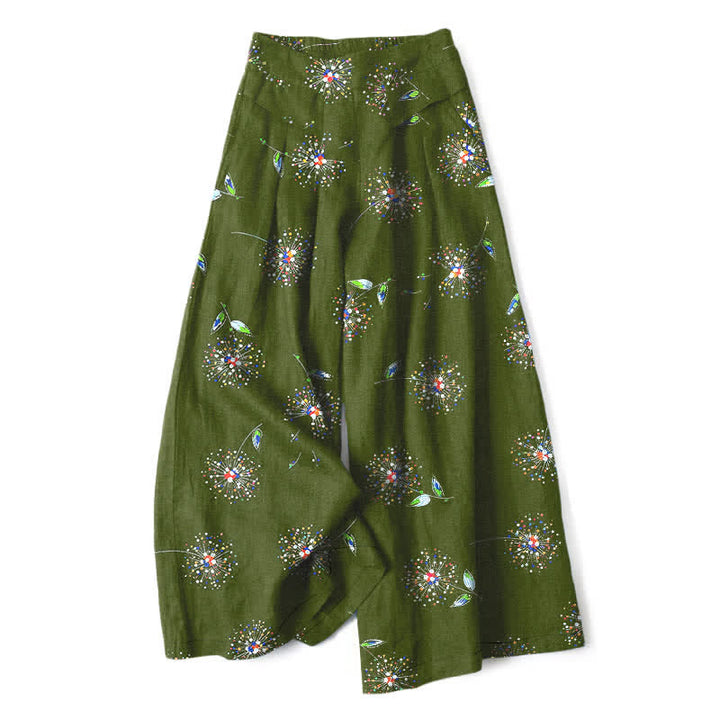 Buddha Stones Cotton Linen Colorful Dandelion Floral Pattern Women's Elastic Waist Wide Leg Pants With Pockets - OliveDrab - US16，UK/AU20，EU48 (3XL) - image 6