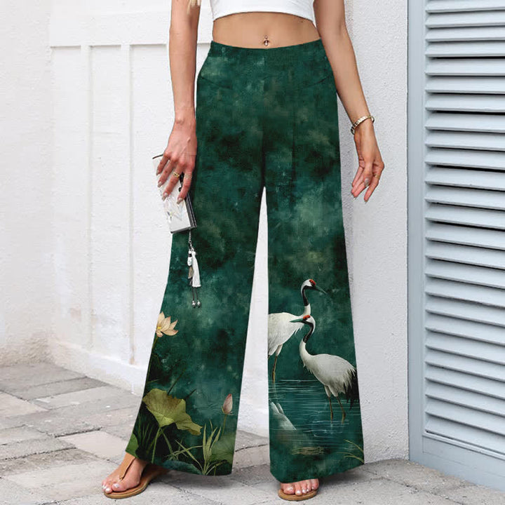 Buddha Stones Cotton Linen Crane Lotus Pattern Women's Elastic Waist Wide Leg Pants With Pockets - image 1