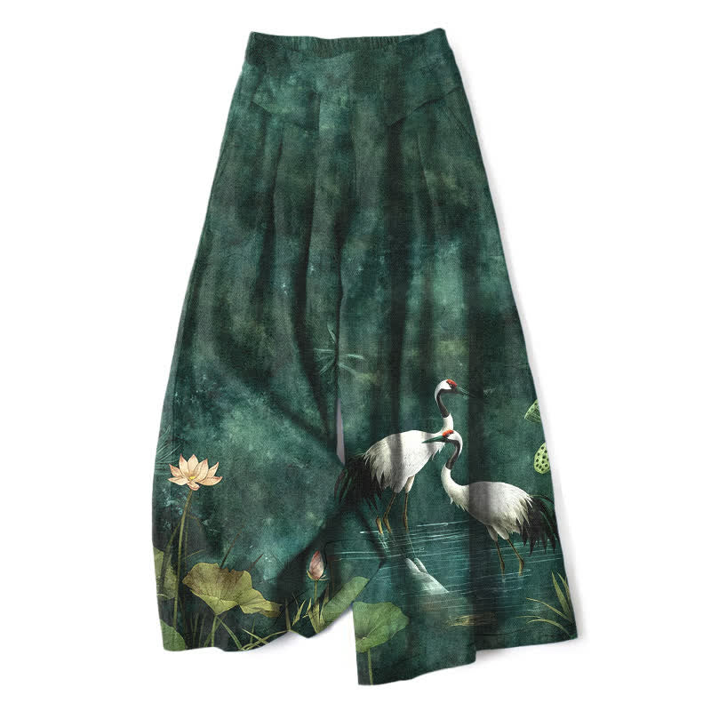 Buddha Stones Cotton Linen Crane Lotus Pattern Women's Elastic Waist Wide Leg Pants With Pockets - ForestGreen - US16，UK/AU20，EU48 (3XL) - image 0