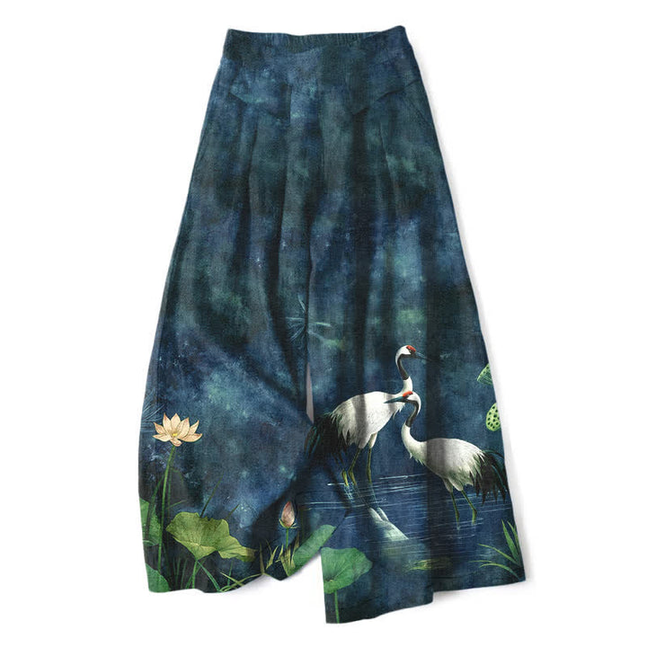 Buddha Stones Cotton Linen Crane Lotus Pattern Women's Elastic Waist Wide Leg Pants With Pockets - SteelBlue - US16，UK/AU20，EU48 (3XL) - image 4