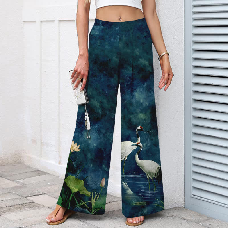 Buddha Stones Cotton Linen Crane Lotus Pattern Women's Elastic Waist Wide Leg Pants With Pockets - image 5
