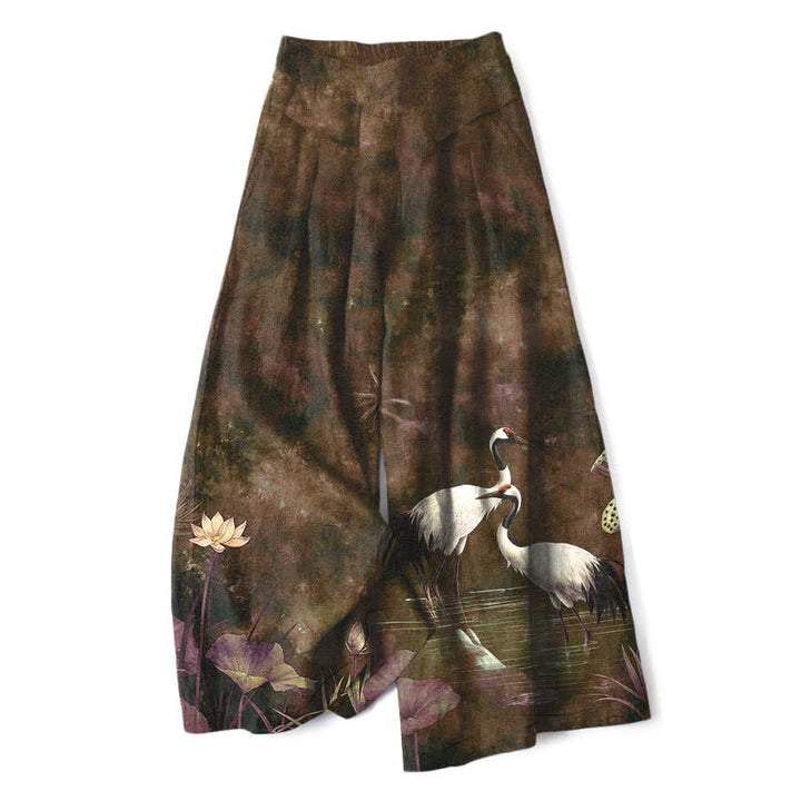 Buddha Stones Cotton Linen Crane Lotus Pattern Women's Elastic Waist Wide Leg Pants With Pockets - SaddleBrown - US16，UK/AU20，EU48 (3XL) - image 6