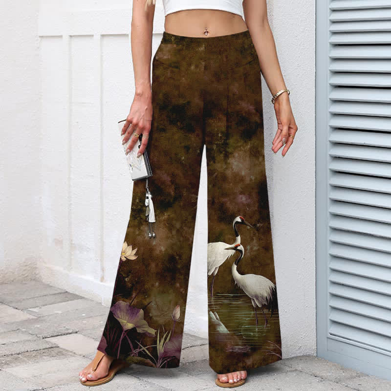 Buddha Stones Cotton Linen Crane Lotus Pattern Women's Elastic Waist Wide Leg Pants With Pockets - image 7
