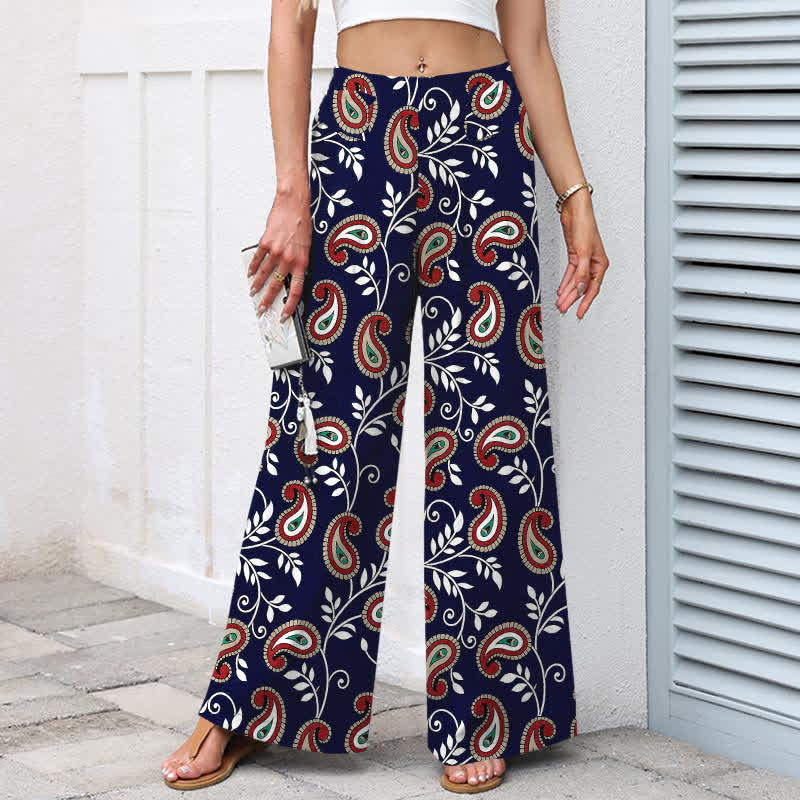 Buddha Stones Cotton Linen Bohemian Paisley Pattern Women's Elastic Waist Wide Leg Pants With Pockets - image 1