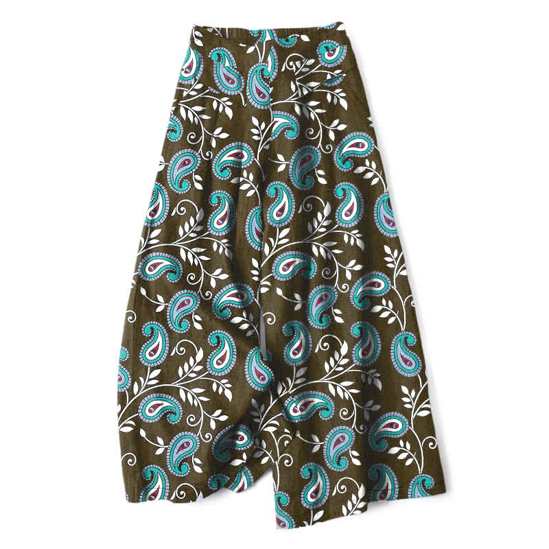 Buddha Stones Cotton Linen Bohemian Paisley Pattern Women's Elastic Waist Wide Leg Pants With Pockets - DarkOliveGreen - US16，UK/AU20，EU48 (3XL) - image 4