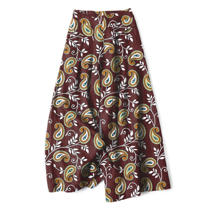 Buddha Stones Cotton Linen Bohemian Paisley Pattern Women's Elastic Waist Wide Leg Pants With Pockets - Maroon - US16，UK/AU20，EU48 (3XL) - image 6