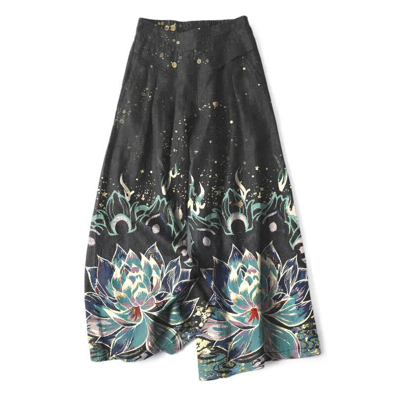 Buddha Stones Cotton Linen Lotus Bloom Pattern Women's Elastic Waist Wide Leg Pants With Pockets - Black - US16，UK/AU20，EU48 (3XL) - image 0