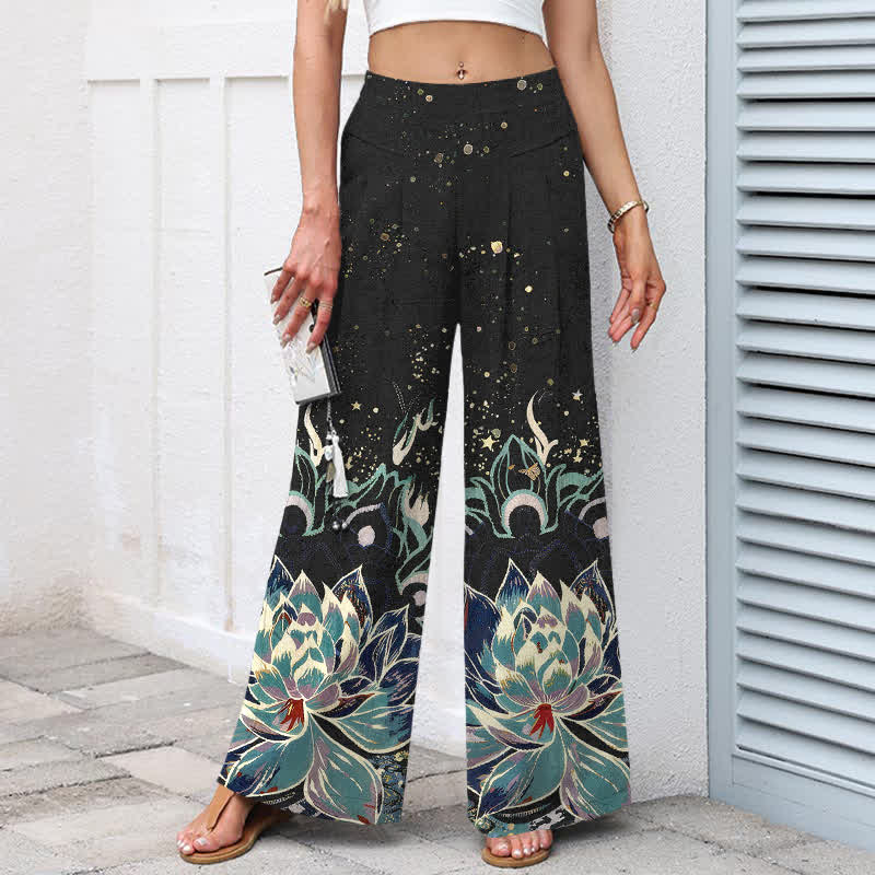 Buddha Stones Cotton Linen Lotus Bloom Pattern Women's Elastic Waist Wide Leg Pants With Pockets - image 1