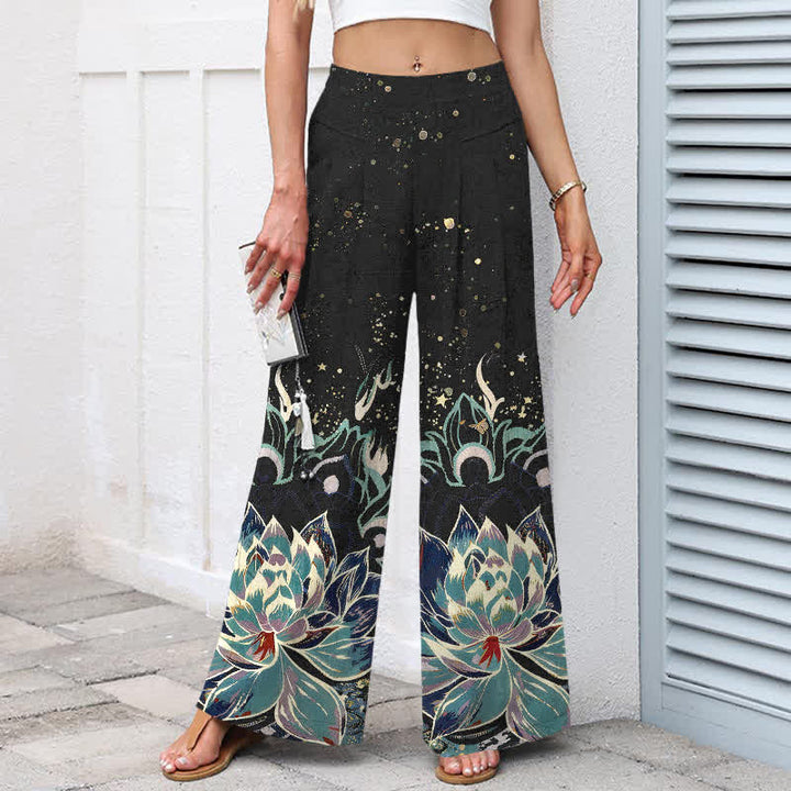 Buddha Stones Cotton Linen Lotus Bloom Pattern Women's Elastic Waist Wide Leg Pants With Pockets - image 1