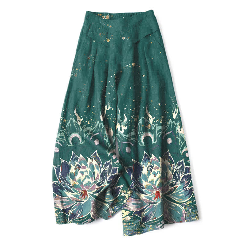 Buddha Stones Cotton Linen Lotus Bloom Pattern Women's Elastic Waist Wide Leg Pants With Pockets - Teal - US16，UK/AU20，EU48 (3XL) - image 4