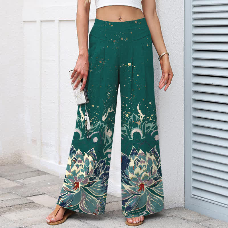 Buddha Stones Cotton Linen Lotus Bloom Pattern Women's Elastic Waist Wide Leg Pants With Pockets - image 5