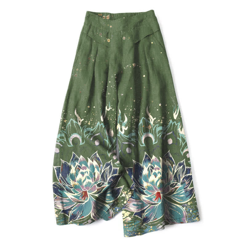 Buddha Stones Cotton Linen Lotus Bloom Pattern Women's Elastic Waist Wide Leg Pants With Pockets - OliveDrab - US16，UK/AU20，EU48 (3XL) - image 6